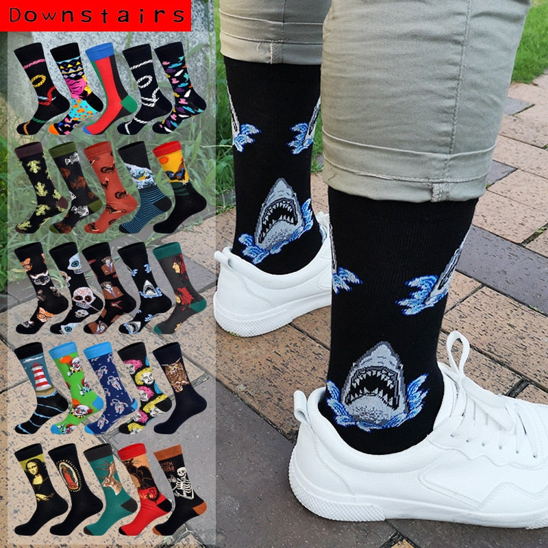 Downstairs Streetwear Happy Socks Men BritishStyle Hip Hop Shark Einstein Jesus 25 Colors Harajuku Art Designer Men Socks Cotton