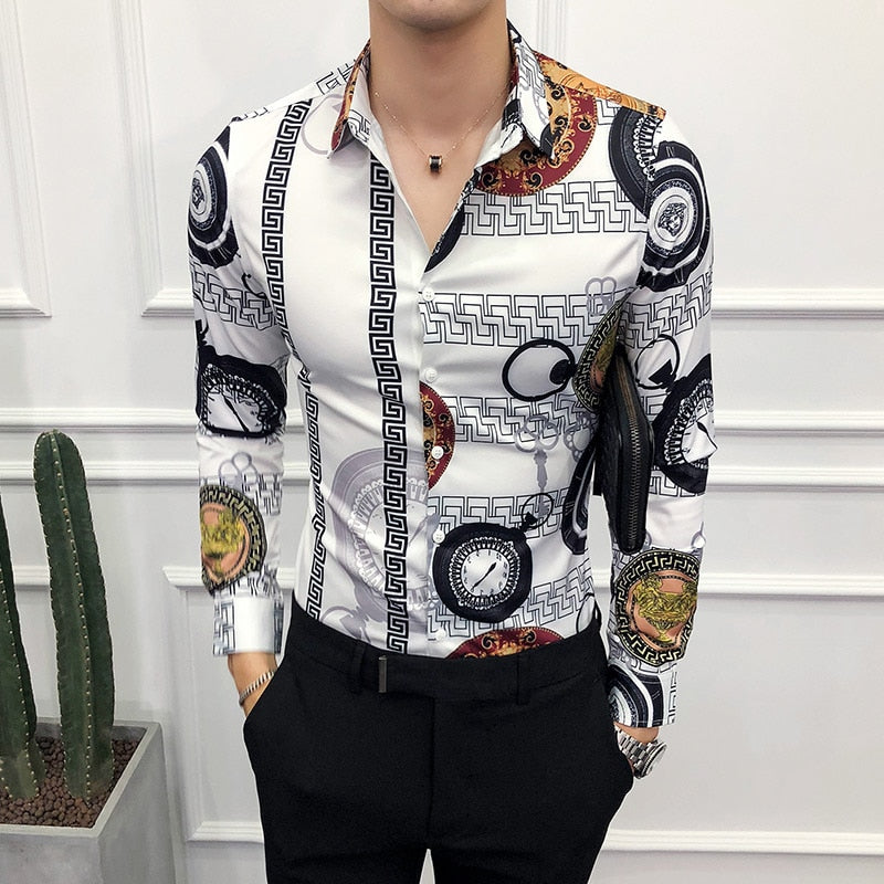 Mens printed white shirt 2019 new long sleeve shirt slim tuxedo shirt Fashion social shirt for male hawaiian Casual floral shirt