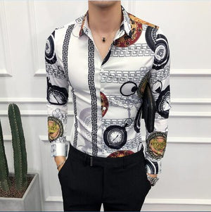 Mens printed white shirt 2019 new long sleeve shirt slim tuxedo shirt Fashion social shirt for male hawaiian Casual floral shirt