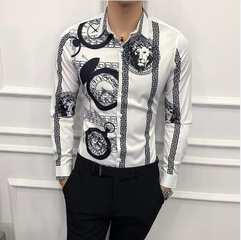 Mens printed white shirt 2019 new long sleeve shirt slim tuxedo shirt Fashion social shirt for male hawaiian Casual floral shirt