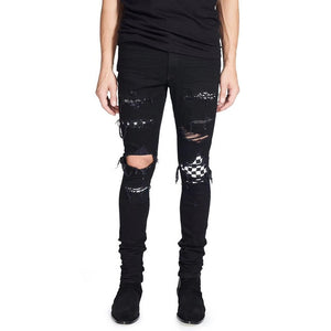 2018 High Street Fashion Men's Jeans Black Color Destroyed Hip Hop Jeans Men Broken Punk Pants Patch Skinny Ripped Jeans For Men