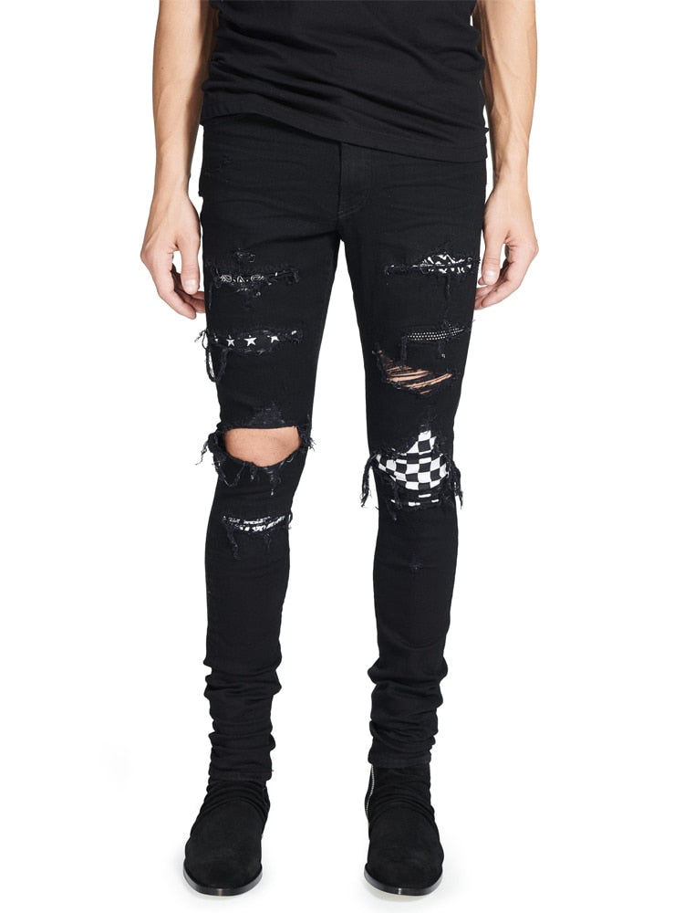 2018 High Street Fashion Men's Jeans Black Color Destroyed Hip Hop Jeans Men Broken Punk Pants Patch Skinny Ripped Jeans For Men