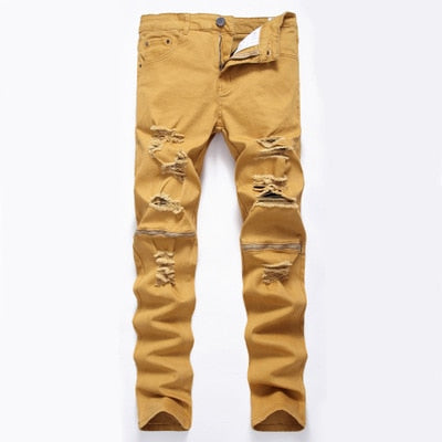 White Ripped Jeans Men With Holes Super Skinny Famous Designer Brand Slim Fit Destroyed Jeans Pencil pants Slim zipper Jeans