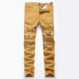White Ripped Jeans Men With Holes Super Skinny Famous Designer Brand Slim Fit Destroyed Jeans Pencil pants Slim zipper Jeans