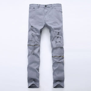 White Ripped Jeans Men With Holes Super Skinny Famous Designer Brand Slim Fit Destroyed Jeans Pencil pants Slim zipper Jeans