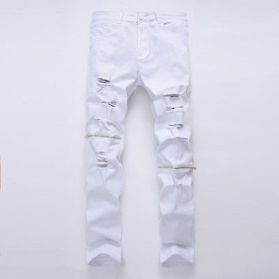 White Ripped Jeans Men With Holes Super Skinny Famous Designer Brand Slim Fit Destroyed Jeans Pencil pants Slim zipper Jeans