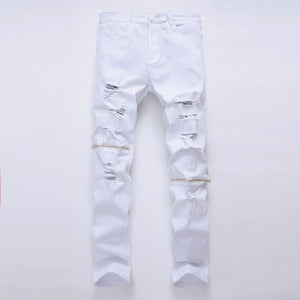 White Ripped Jeans Men With Holes Super Skinny Famous Designer Brand Slim Fit Destroyed Jeans Pencil pants Slim zipper Jeans