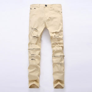 White Ripped Jeans Men With Holes Super Skinny Famous Designer Brand Slim Fit Destroyed Jeans Pencil pants Slim zipper Jeans