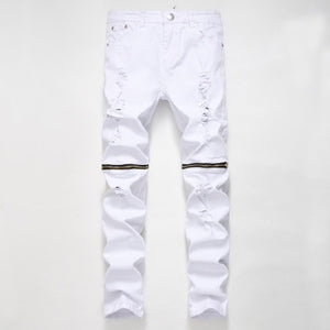 White Ripped Jeans Men With Holes Super Skinny Famous Designer Brand Slim Fit Destroyed Jeans Pencil pants Slim zipper Jeans
