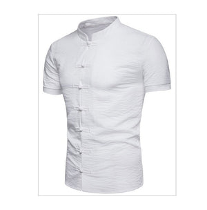 2019 New Men's Chinese Vintage Shirt Mandarin Collar Slim Fit Short Sleeves Cotton Linen Shirt White Red Black Casual Shirt Tops