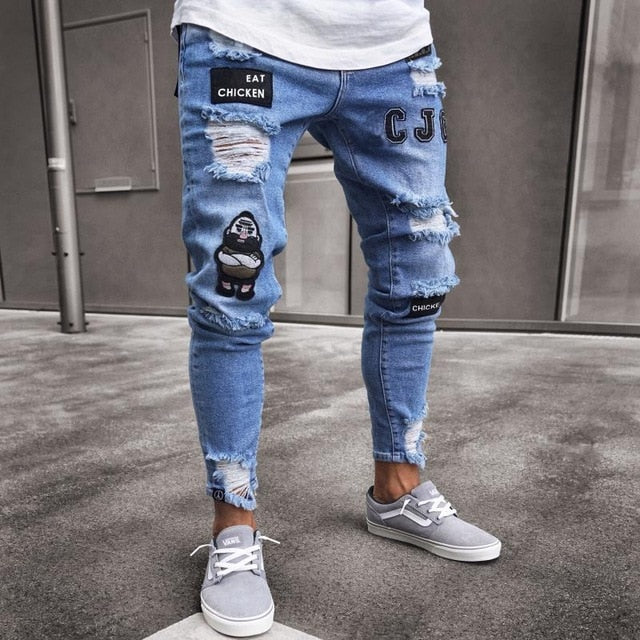 2019 Men Stylish Ripped Jeans Pants Biker Skinny Slim Straight Frayed Denim Trousers New Fashion Skinny Jeans Men Clothes